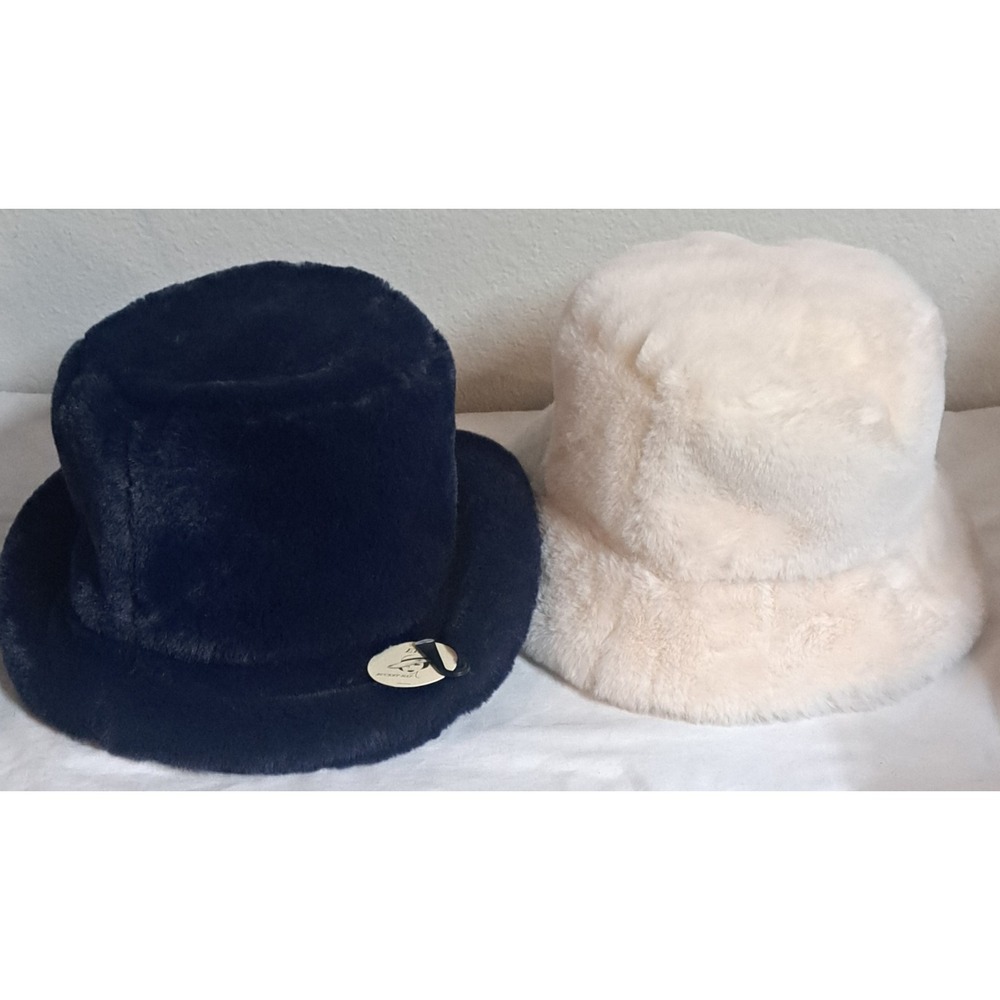 Faux Fur Bucket Hats Set Navy Blue & Cream Plush Winter Hats NWT Soft